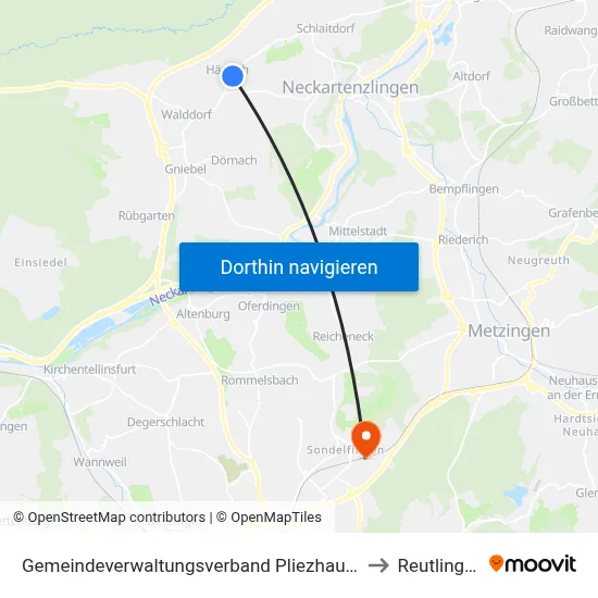 Gemeindeverwaltungsverband Pliezhausen to Reutlingen map