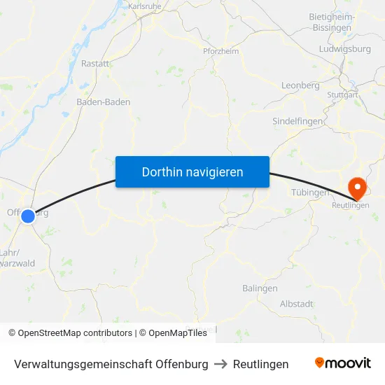 Verwaltungsgemeinschaft Offenburg to Reutlingen map