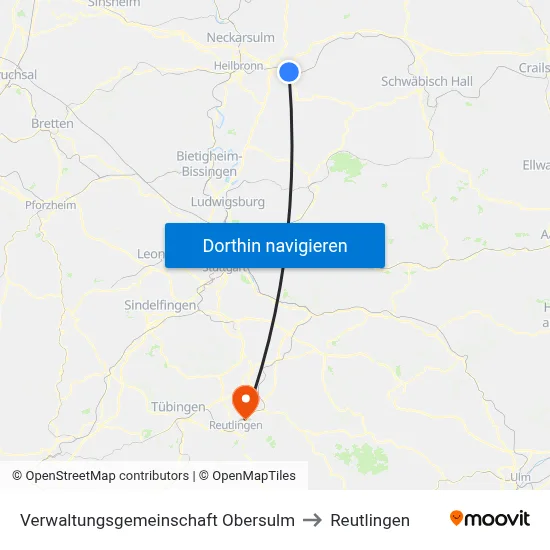 Verwaltungsgemeinschaft Obersulm to Reutlingen map