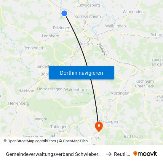 Gemeindeverwaltungsverband Schwieberdingen-Hemmingen to Reutlingen map