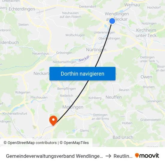 Gemeindeverwaltungsverband Wendlingen am Neckar to Reutlingen map