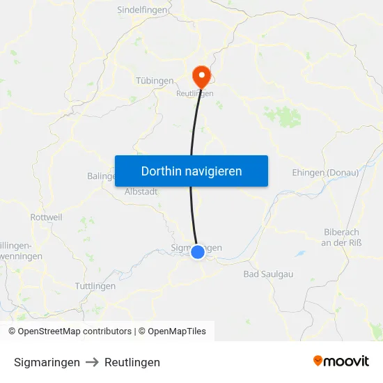 Sigmaringen to Reutlingen map