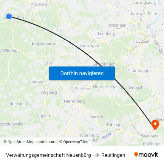 Verwaltungsgemeinschaft Neuenbürg to Reutlingen map