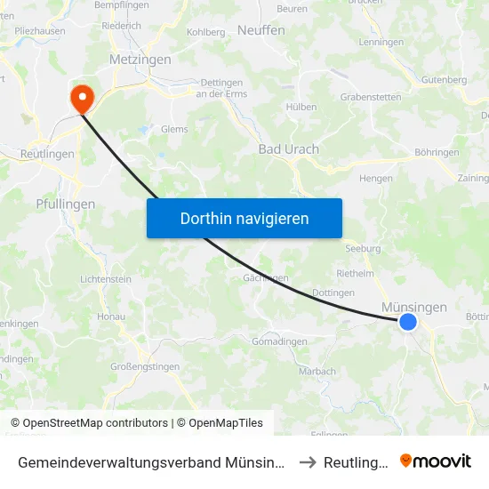 Gemeindeverwaltungsverband Münsingen to Reutlingen map