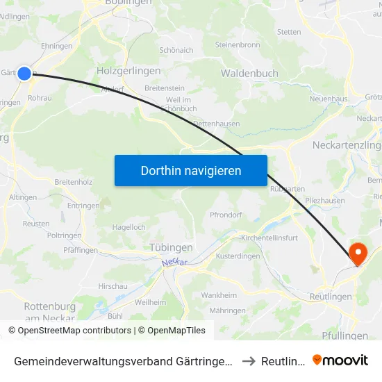 Gemeindeverwaltungsverband Gärtringen/Ehningen to Reutlingen map