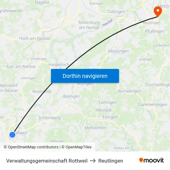 Verwaltungsgemeinschaft Rottweil to Reutlingen map