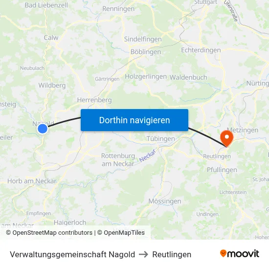 Verwaltungsgemeinschaft Nagold to Reutlingen map