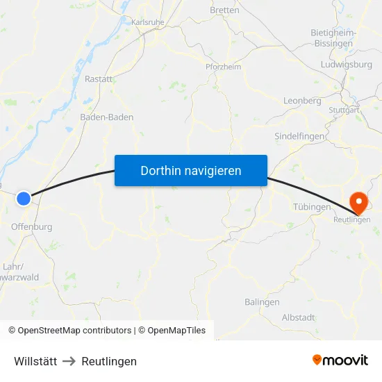 Willstätt to Reutlingen map