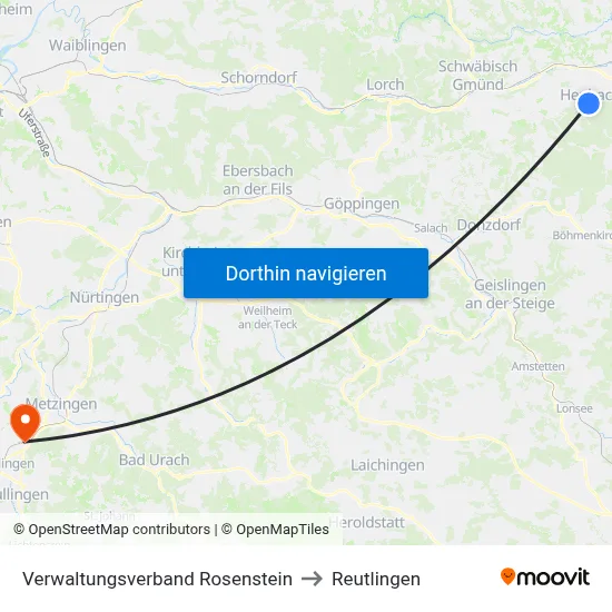 Verwaltungsverband Rosenstein to Reutlingen map
