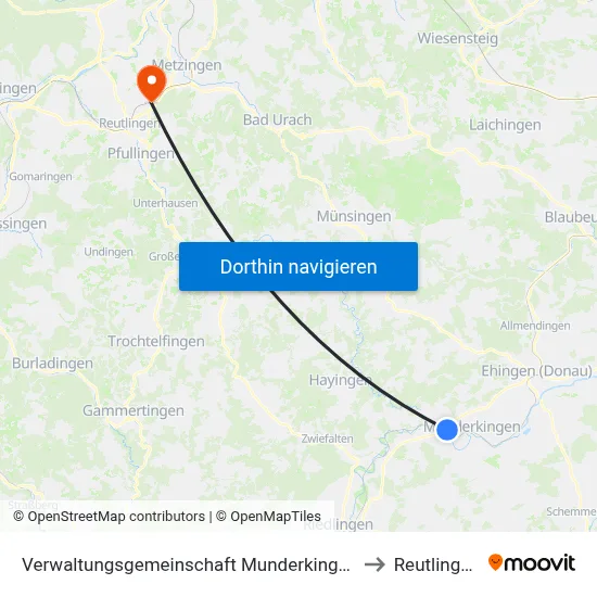 Verwaltungsgemeinschaft Munderkingen to Reutlingen map
