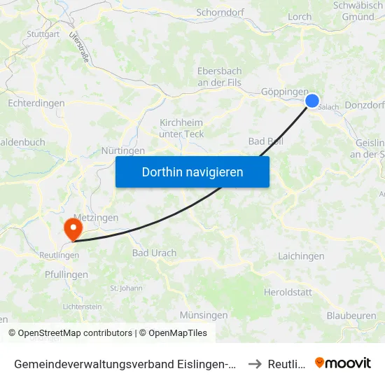Gemeindeverwaltungsverband Eislingen-Ottenbach-Salach to Reutlingen map