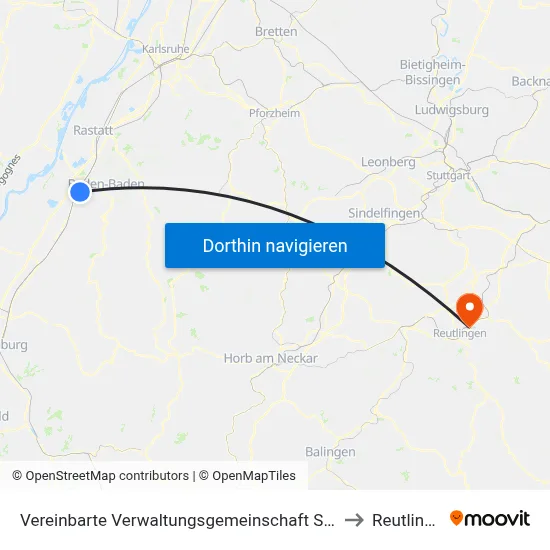 Vereinbarte Verwaltungsgemeinschaft Sinzheim to Reutlingen map