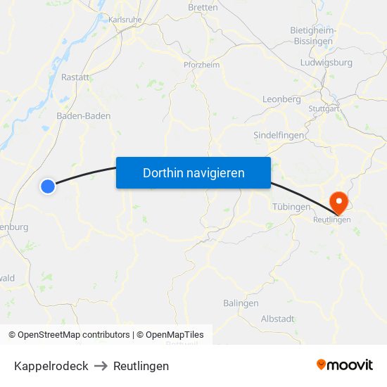 Kappelrodeck to Reutlingen map