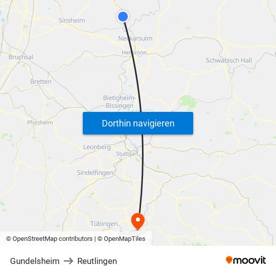 Gundelsheim to Reutlingen map