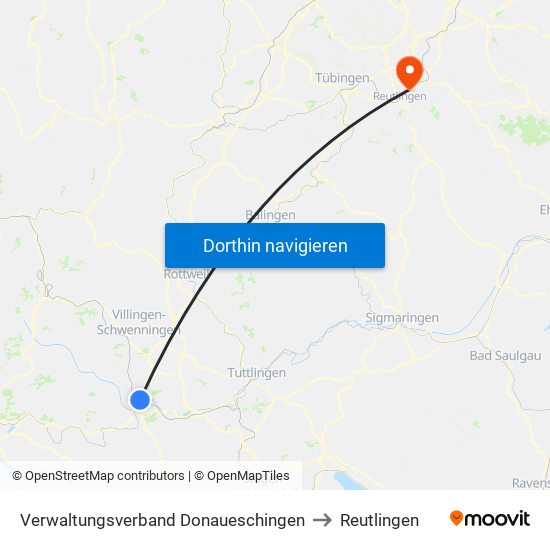 Verwaltungsverband Donaueschingen to Reutlingen map