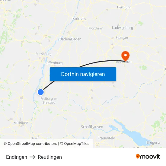 Endingen to Reutlingen map