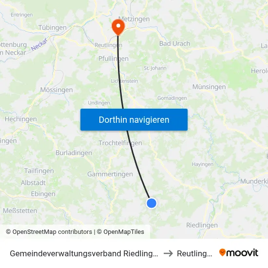 Gemeindeverwaltungsverband Riedlingen to Reutlingen map