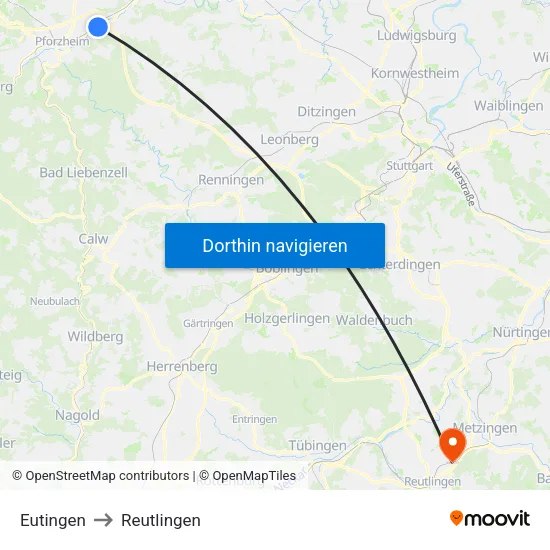 Eutingen to Reutlingen map