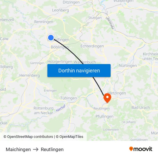 Maichingen to Reutlingen map