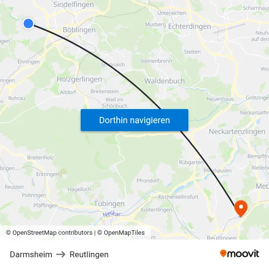 Darmsheim to Reutlingen map