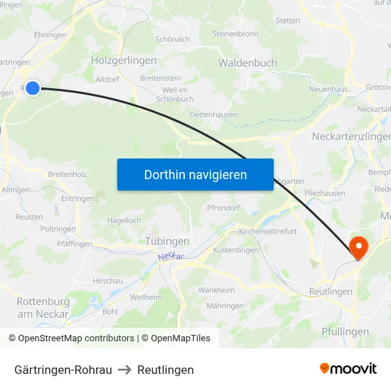 Gärtringen-Rohrau to Reutlingen map