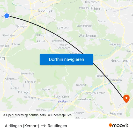 Aidlingen (Kernort) to Reutlingen map