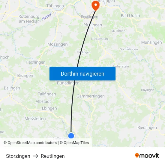 Storzingen to Reutlingen map