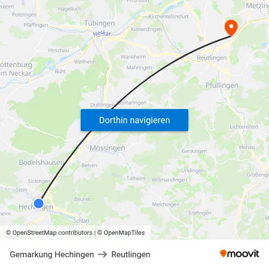 Gemarkung Hechingen to Reutlingen map