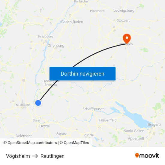 Vögisheim to Reutlingen map