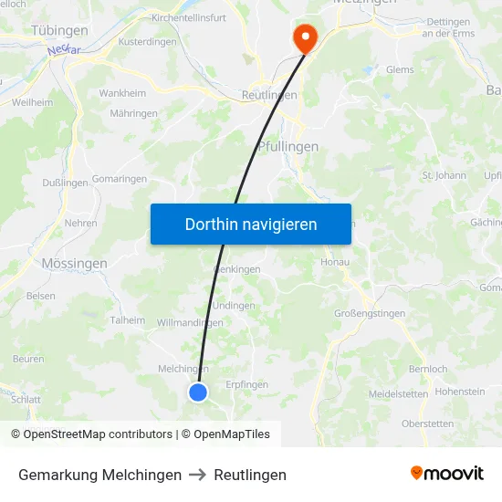 Gemarkung Melchingen to Reutlingen map
