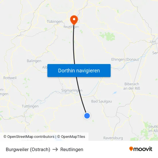 Burgweiler (Ostrach) to Reutlingen map