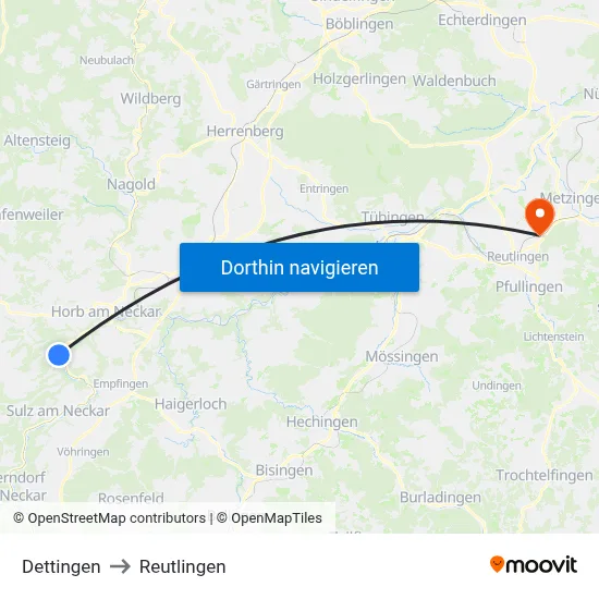 Dettingen to Reutlingen map