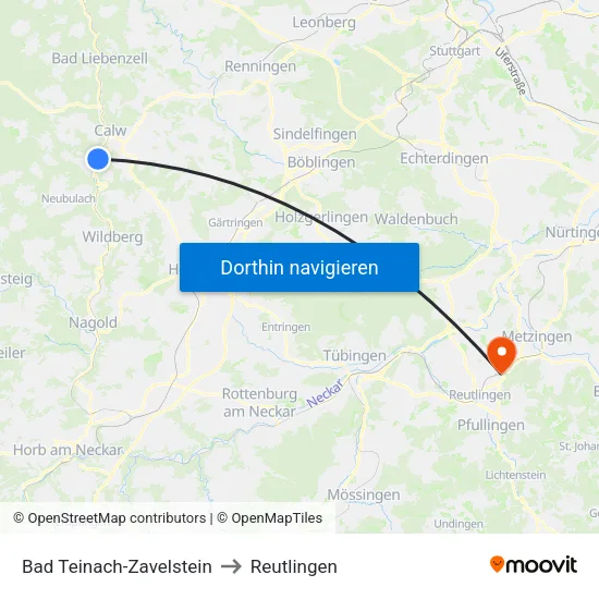 Bad Teinach-Zavelstein to Reutlingen map