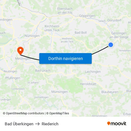 Bad Überkingen to Riederich map