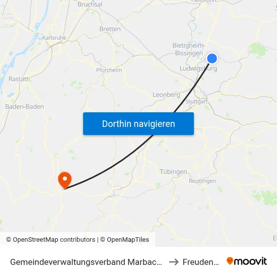 Gemeindeverwaltungsverband Marbach am Neckar to Freudenstadt map