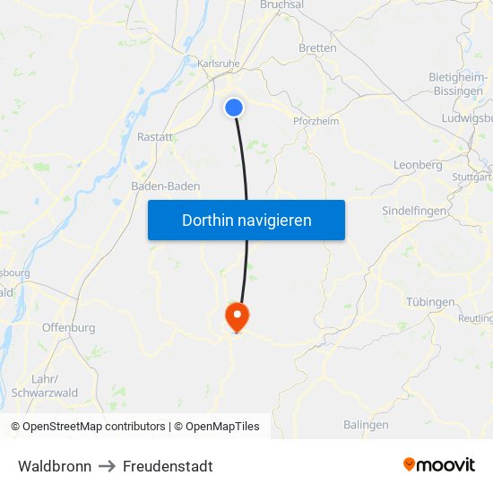 Waldbronn to Freudenstadt map