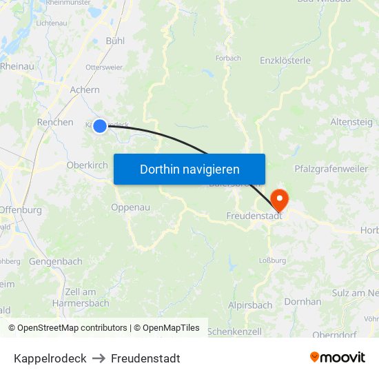 Kappelrodeck to Freudenstadt map