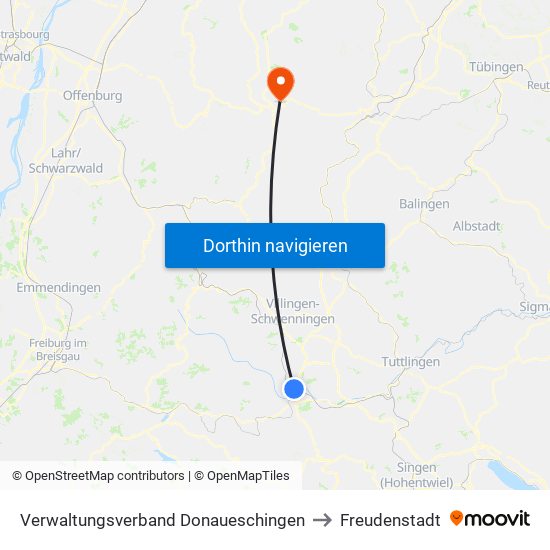 Verwaltungsverband Donaueschingen to Freudenstadt map