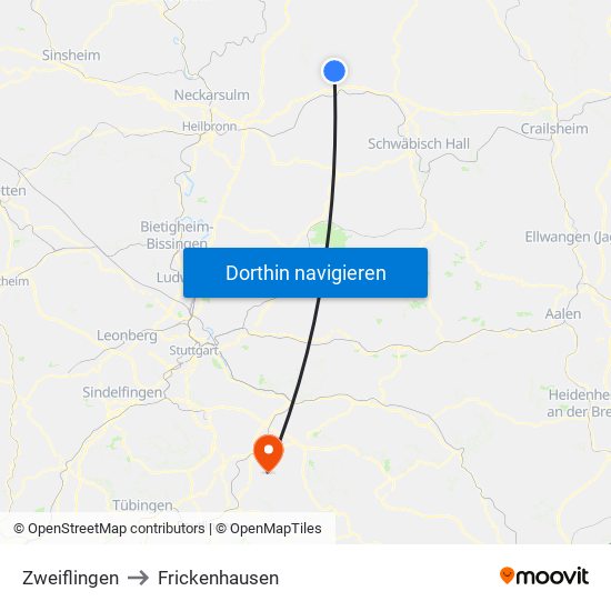 Zweiflingen to Frickenhausen map