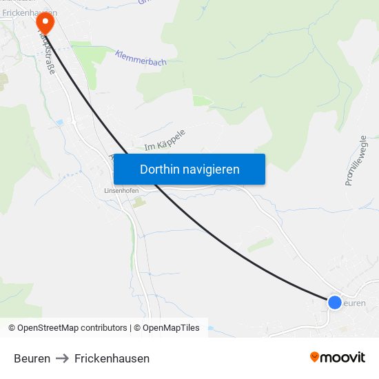 Beuren to Frickenhausen map