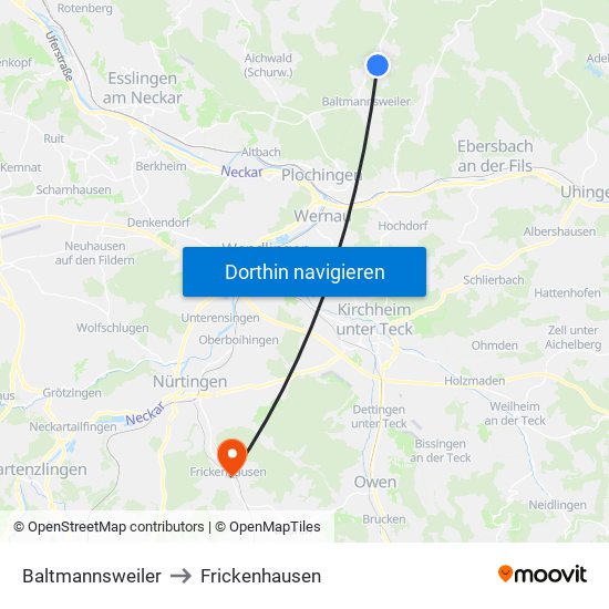Baltmannsweiler to Frickenhausen map