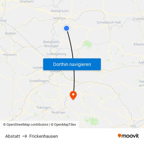 Abstatt to Frickenhausen map