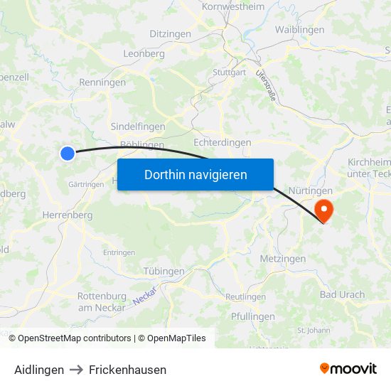 Aidlingen to Frickenhausen map