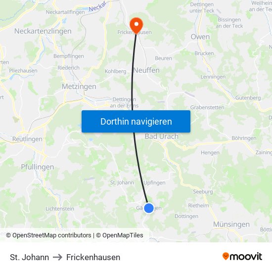 St. Johann to Frickenhausen map