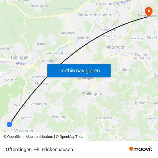 Ofterdingen to Frickenhausen map