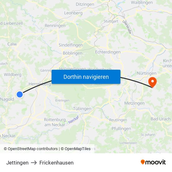 Jettingen to Frickenhausen map