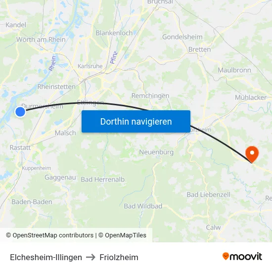 Elchesheim-Illingen to Friolzheim map