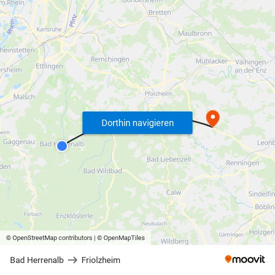 Bad Herrenalb to Friolzheim map