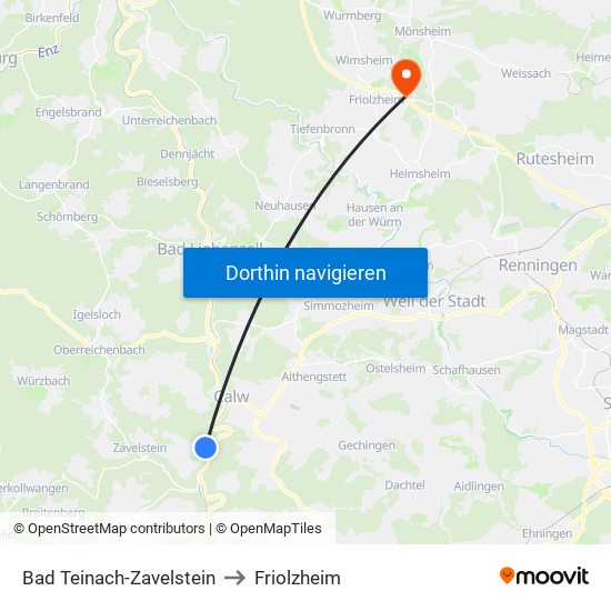 Bad Teinach-Zavelstein to Friolzheim map
