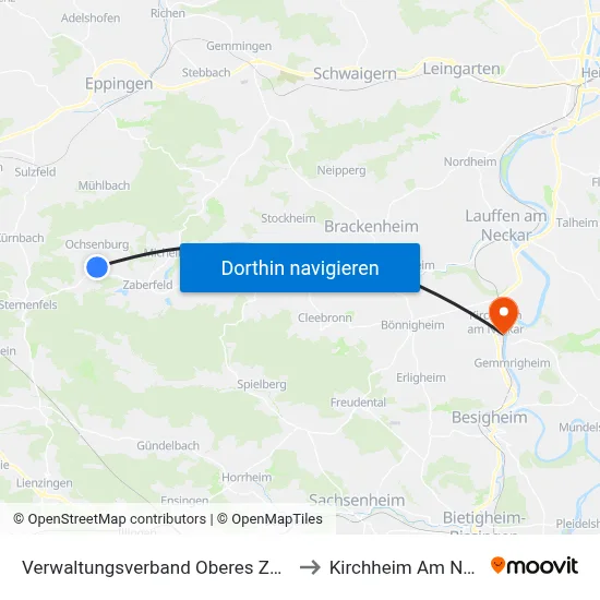 Verwaltungsverband Oberes Zabergäu to Kirchheim Am Neckar map